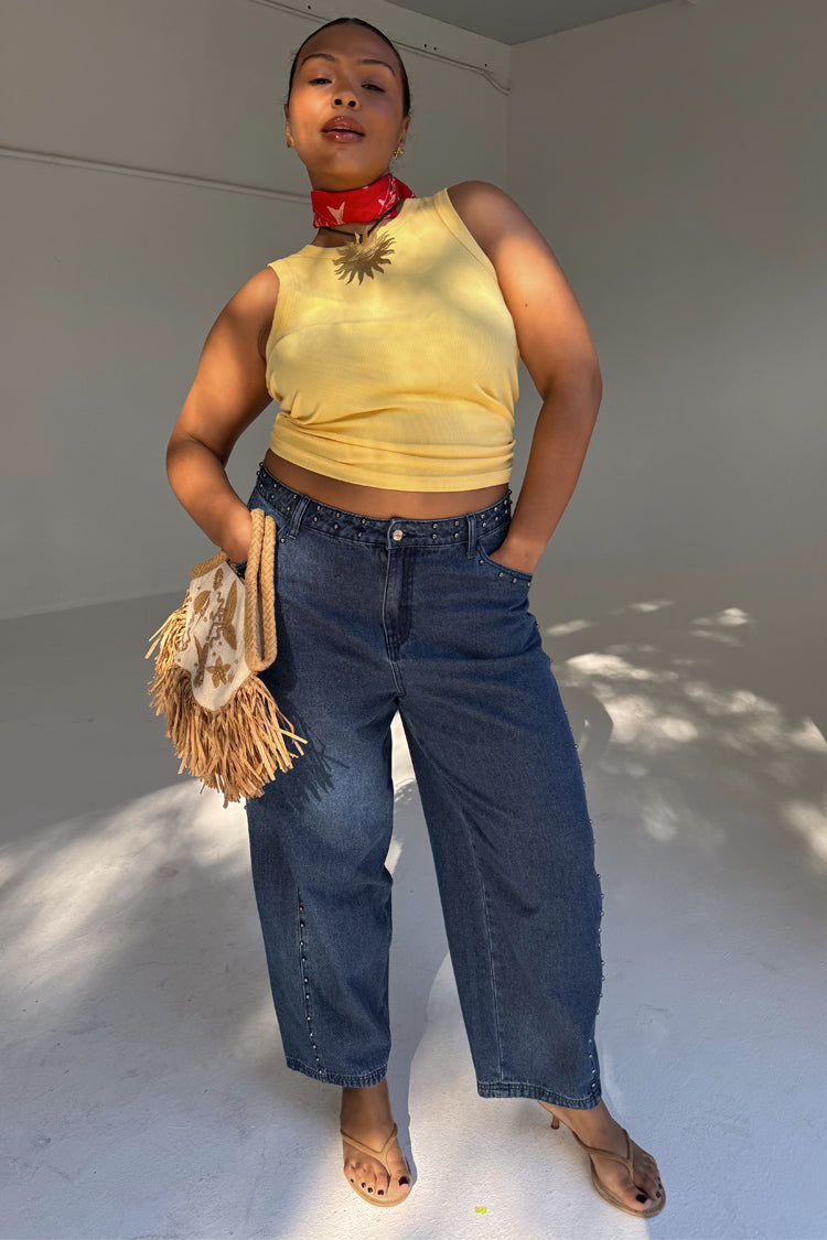 Blue Studded Barrel Jeans for Women | NFD Logo & Side Studs