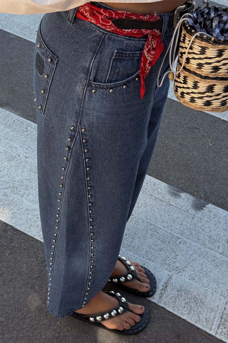 Blue Studded Barrel Jeans for Women | NFD Logo & Side Studs