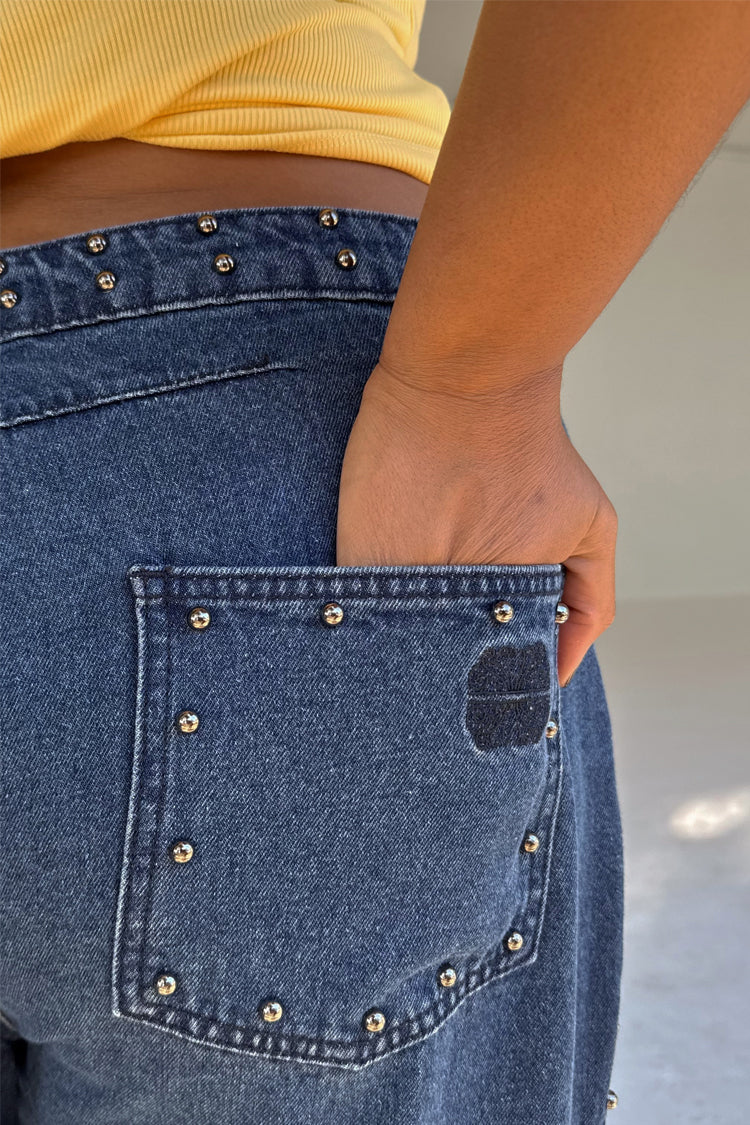 Blue Studded Barrel Jeans for Women | NFD Logo & Side Studs