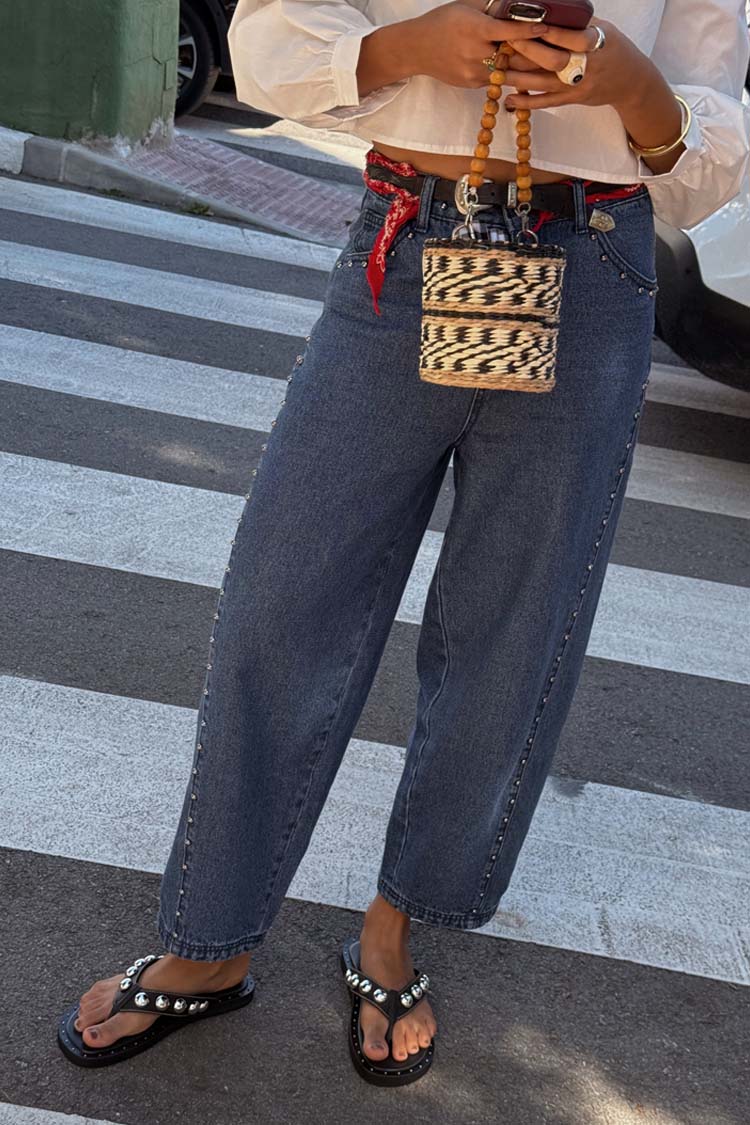 Blue Studded Barrel Jeans for Women | NFD Logo & Side Studs