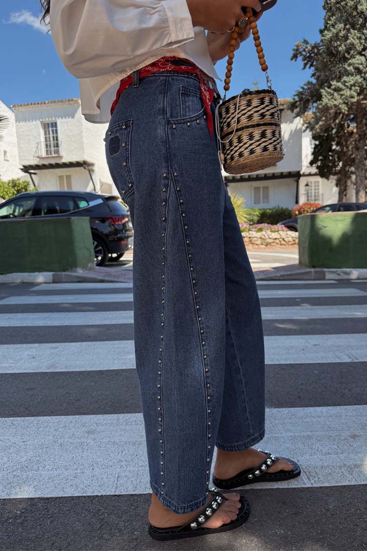 Blue Studded Barrel Jeans for Women | NFD Logo & Side Studs