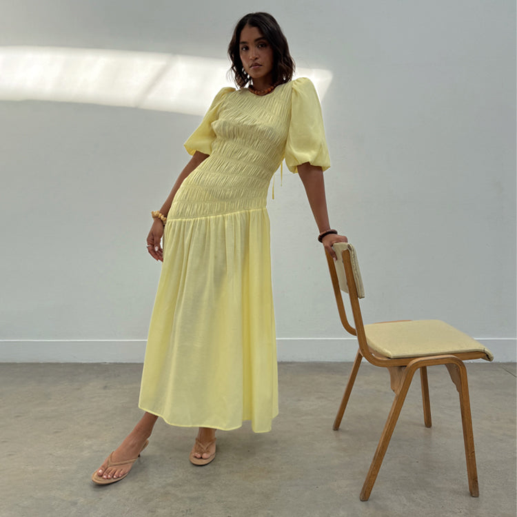 Butter Yellow Shirred Dress with Tie Neck | Lightweight & Multi-Wear