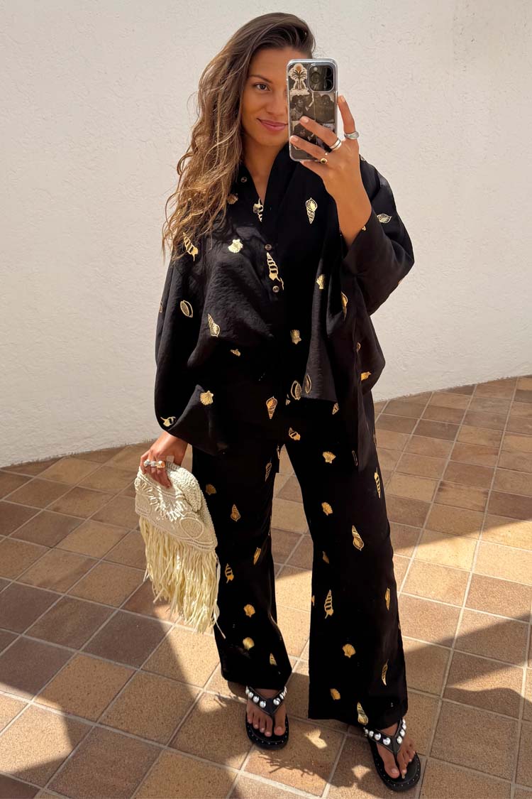 Black Wide-Leg Linen Trousers with Elastic Waist | Elissa