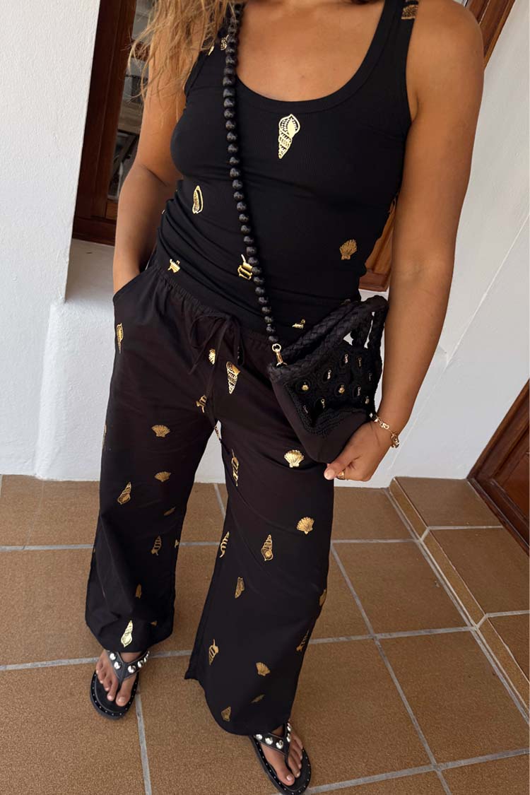 Black Wide-Leg Linen Trousers with Elastic Waist | Elissa