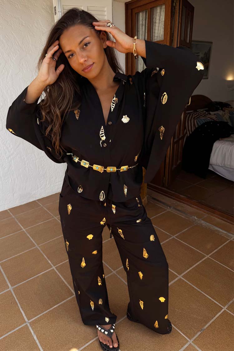Black Wide-Leg Linen Trousers with Elastic Waist | Elissa