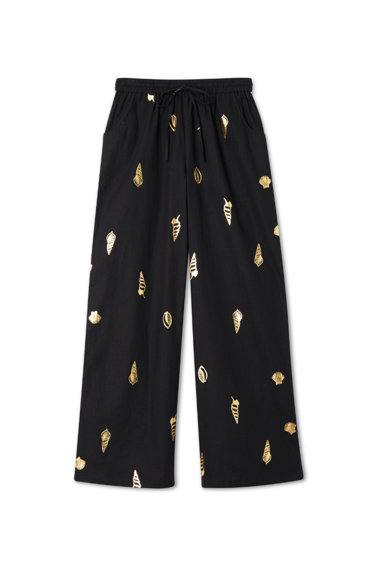 Black Wide-Leg Linen Trousers with Elastic Waist | Elissa