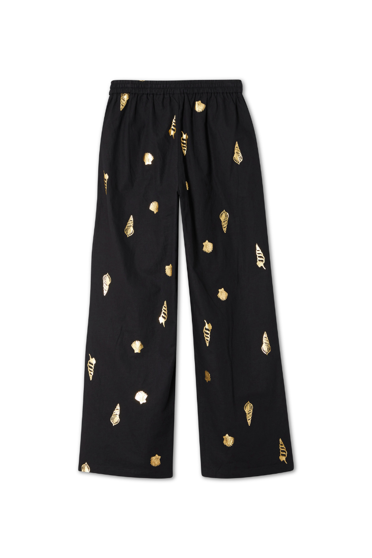 Black Wide-Leg Linen Trousers with Elastic Waist | Elissa