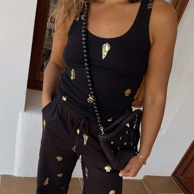 Black Ribbed Shell Print Tank Top for Women | Metallic Gold Design