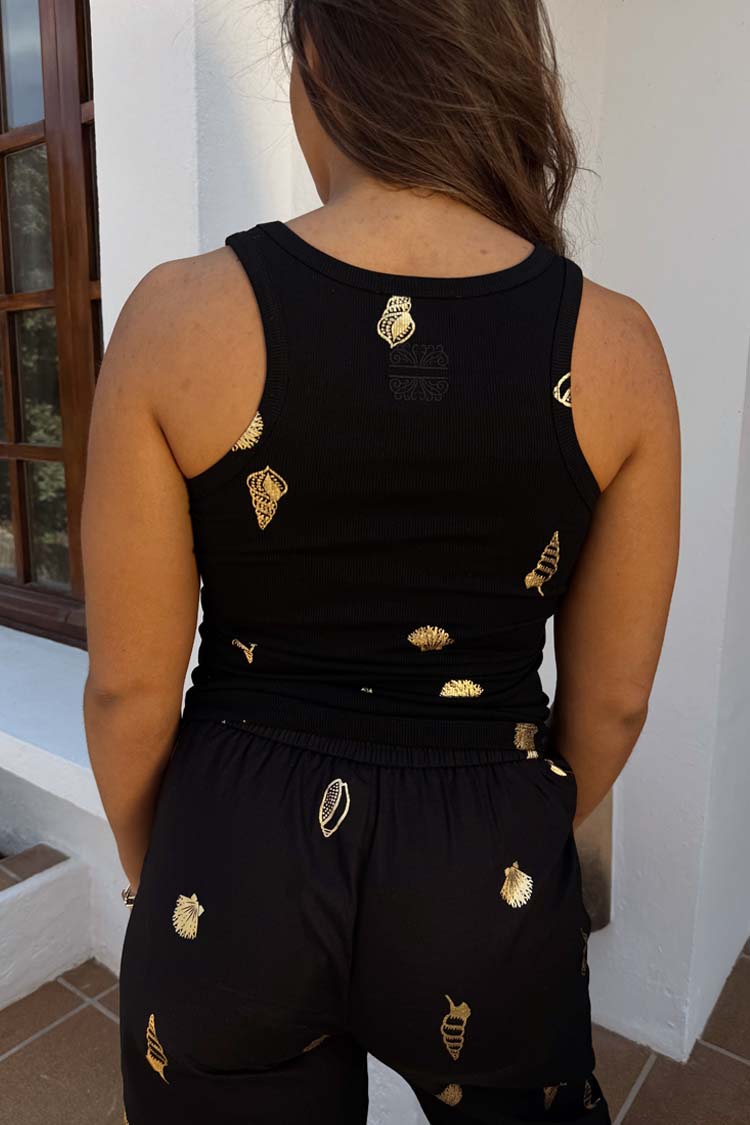 Black Ribbed Shell Print Tank Top for Women | Metallic Gold Design