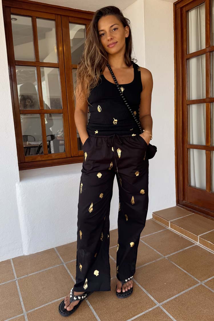 Black Ribbed Shell Print Tank Top for Women | Metallic Gold Design