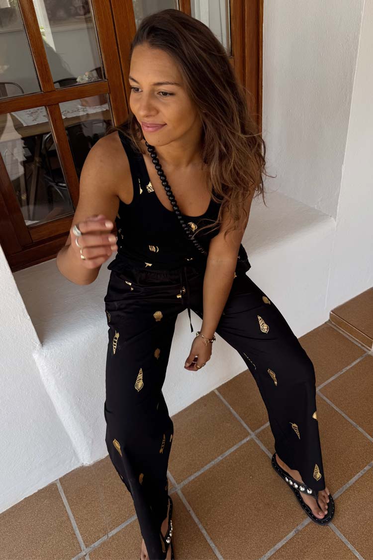 Black Ribbed Shell Print Tank Top for Women | Metallic Gold Design