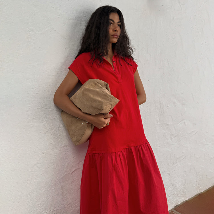 Red Cotton Collared Dress with Cap Sleeves | Darcy Dress