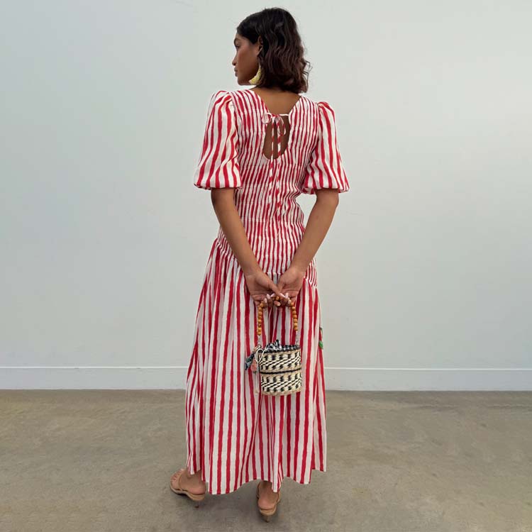 Red Stripe Shirred Pleated Dress for Any Occasion | Nara