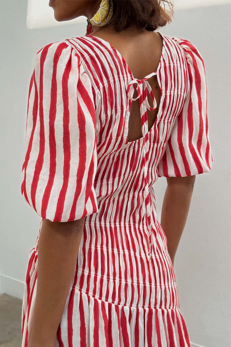 Red Stripe Shirred Pleated Dress for Any Occasion | Nara