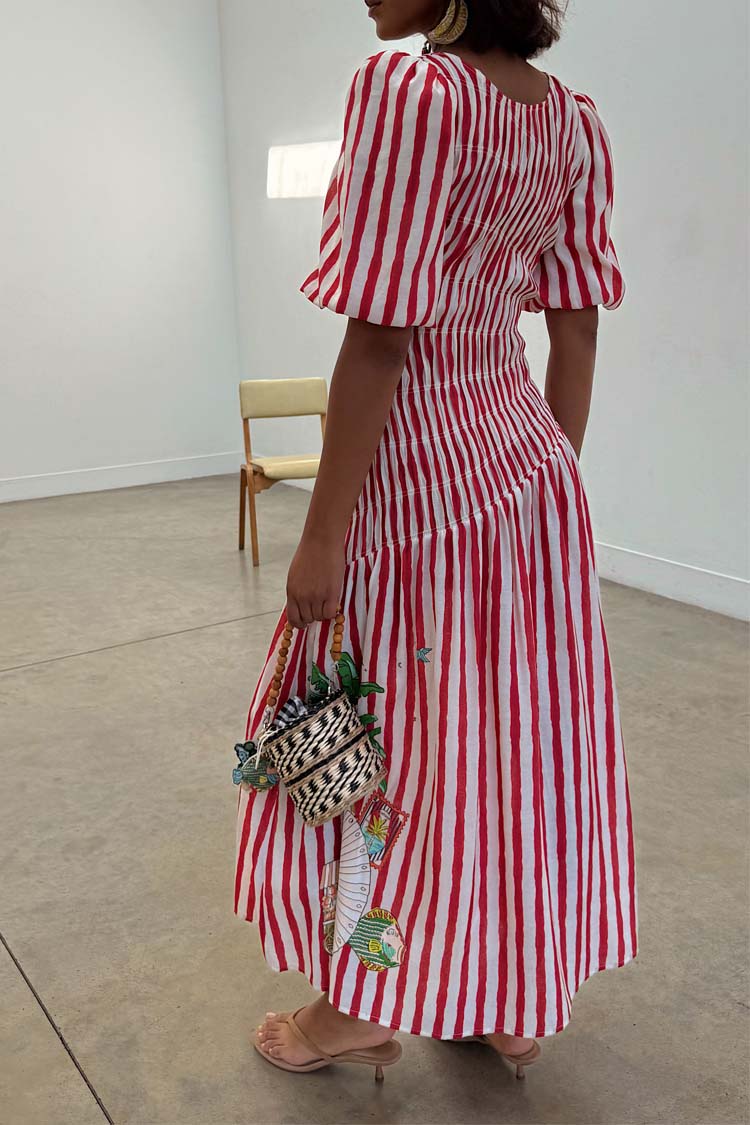 Red Stripe Shirred Pleated Dress for Any Occasion | Nara
