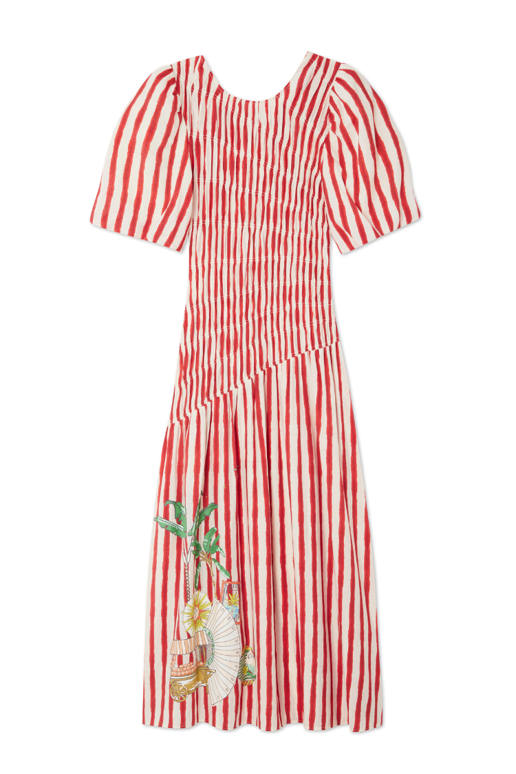 Red Stripe Shirred Pleated Dress for Any Occasion | Nara