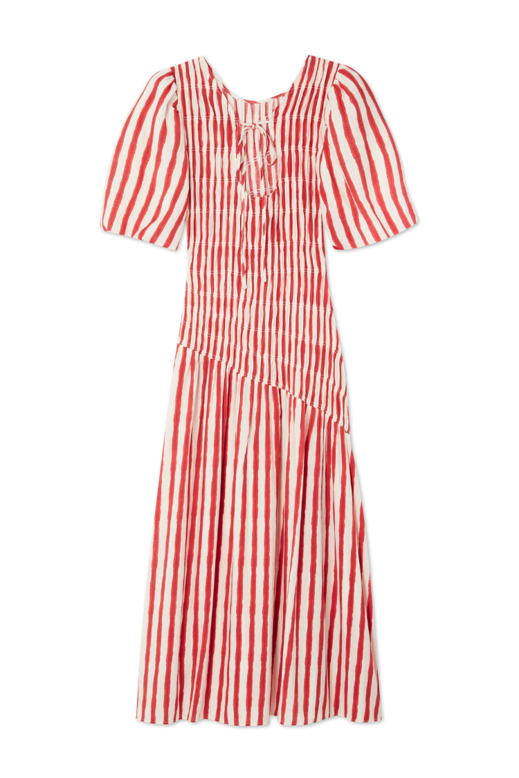 Red Stripe Shirred Pleated Dress for Any Occasion | Nara