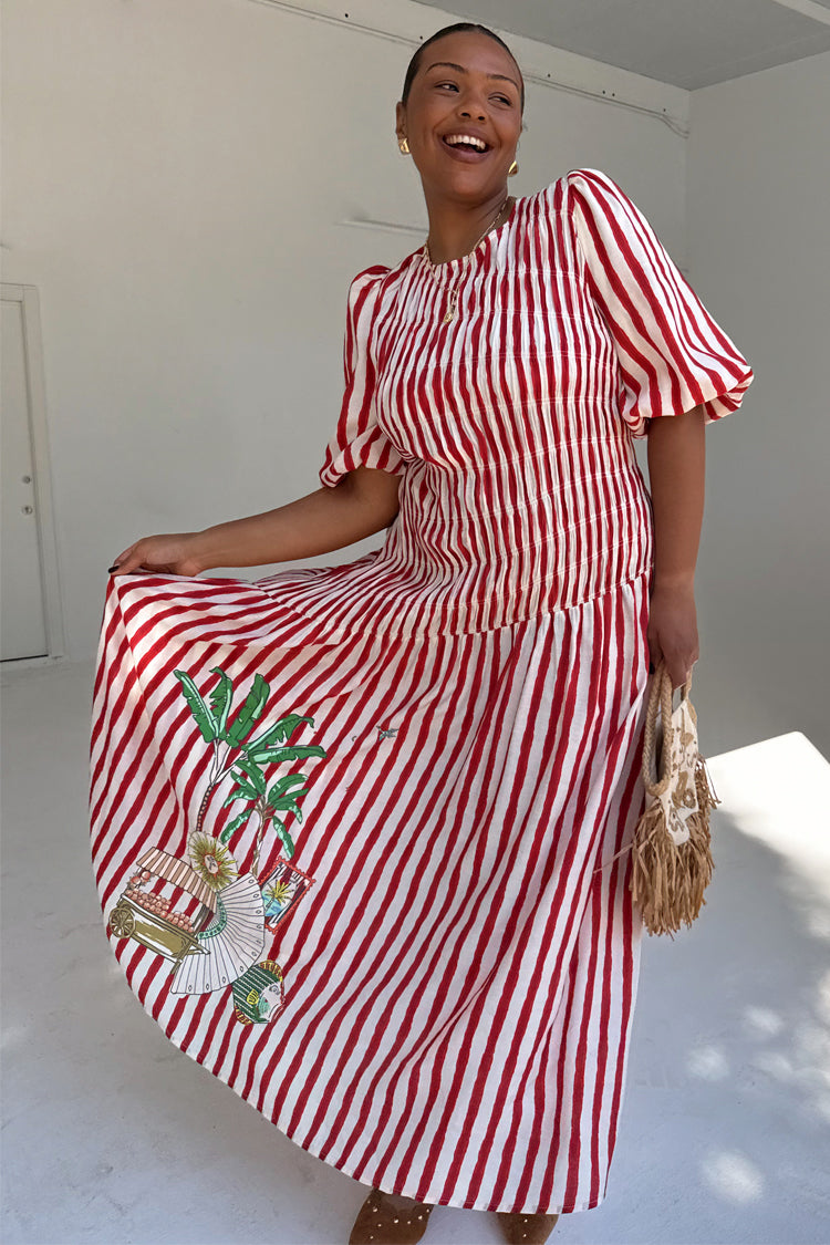 Red Stripe Shirred Pleated Dress for Any Occasion | Nara