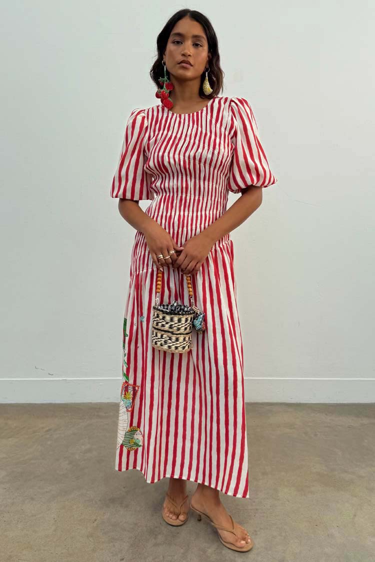 Red Stripe Shirred Pleated Dress for Any Occasion | Nara