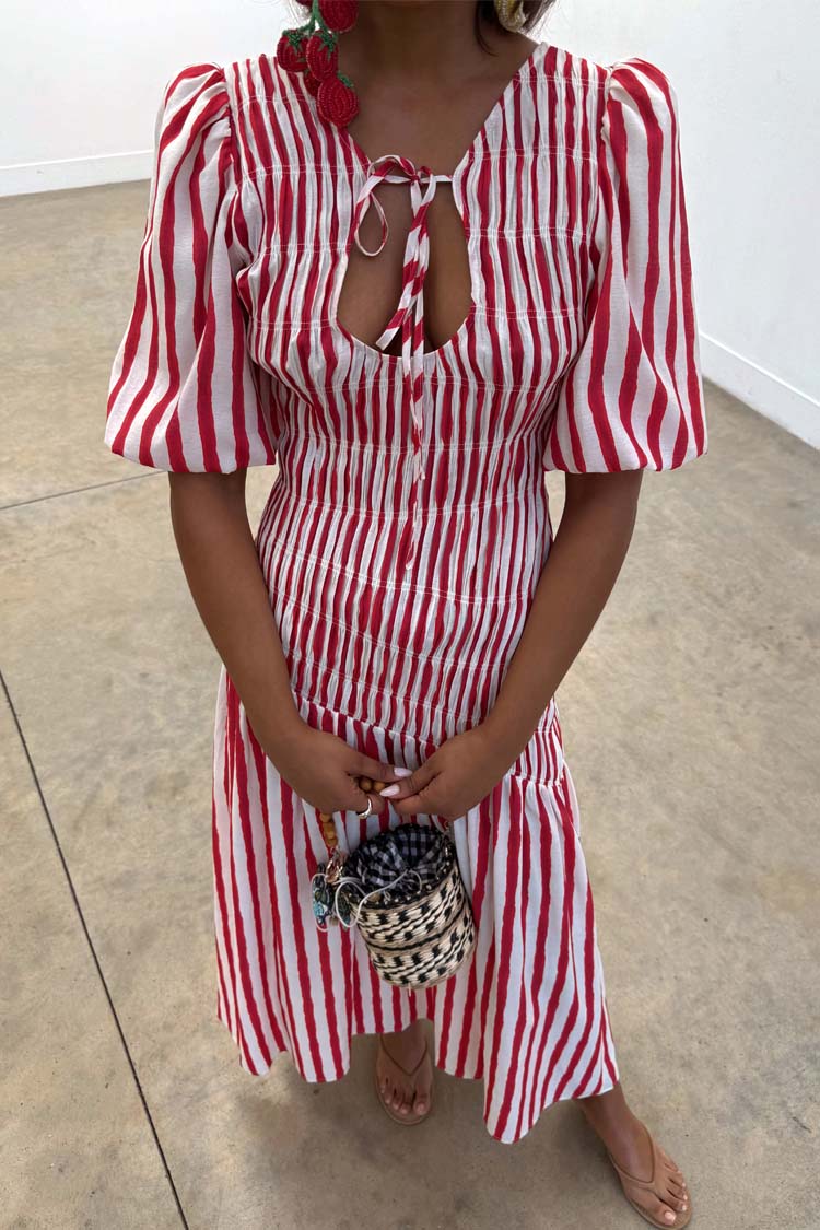 Red Stripe Shirred Pleated Dress for Any Occasion | Nara
