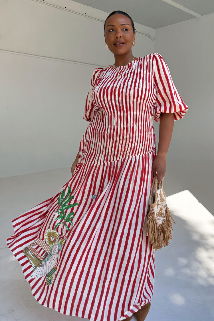 Red Stripe Shirred Pleated Dress for Any Occasion | Nara