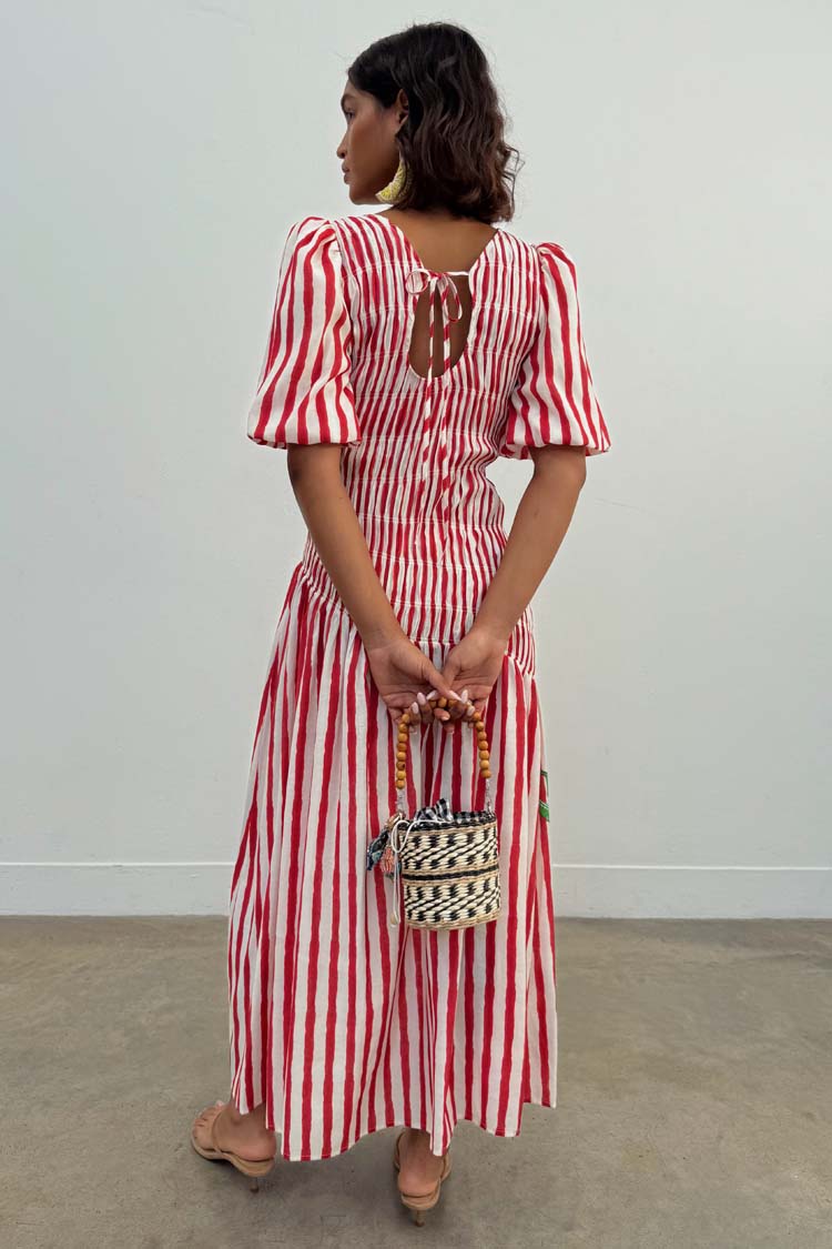 Red Stripe Shirred Pleated Dress for Any Occasion | Nara
