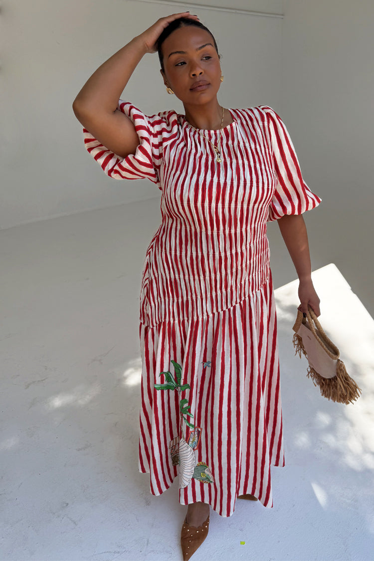Red Stripe Shirred Pleated Dress for Any Occasion | Nara