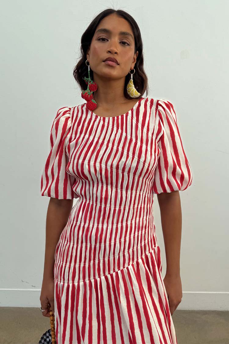 Red Stripe Shirred Pleated Dress for Any Occasion | Nara