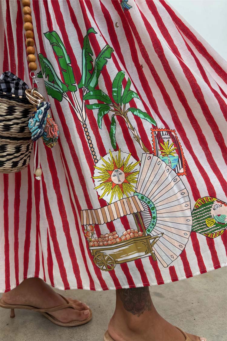 Red Stripe Shirred Pleated Dress for Any Occasion | Nara
