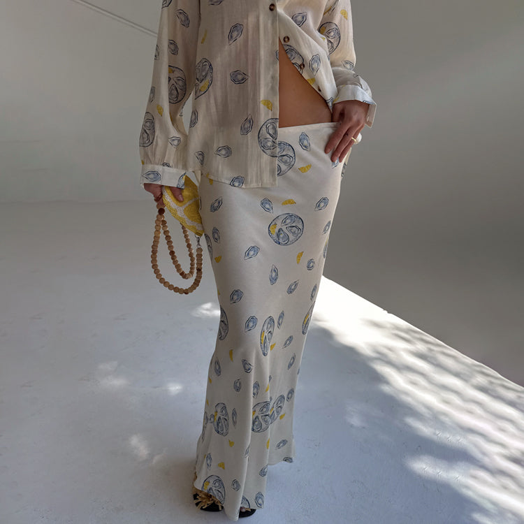 Oyster Print Cream Skirt with Elastic Waist | Dorris Silk Viscose