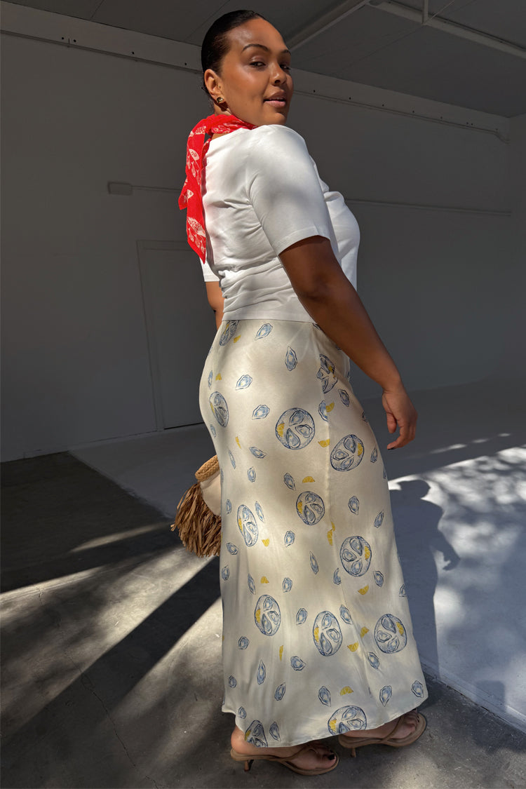 Oyster Print Cream Skirt with Elastic Waist | Dorris Silk Viscose