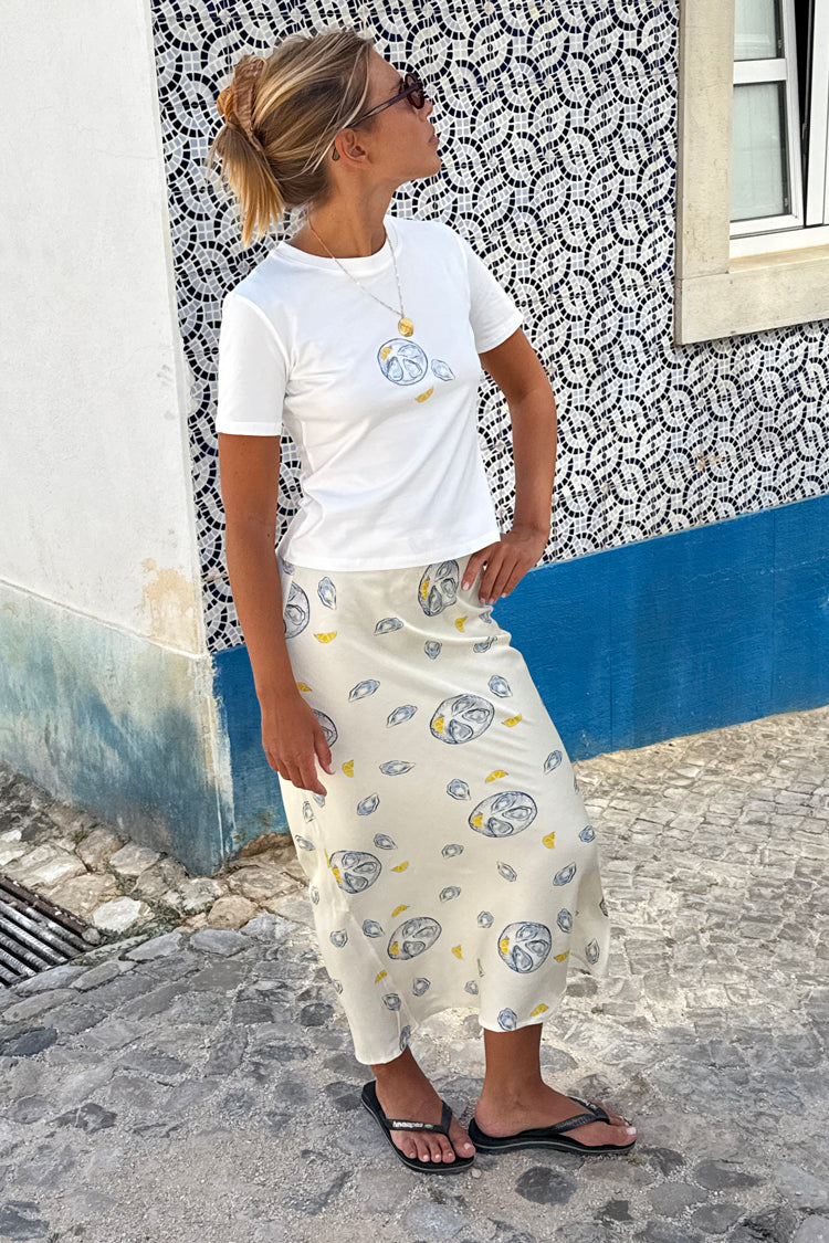 Oyster Print Cream Skirt with Elastic Waist | Dorris Silk Viscose