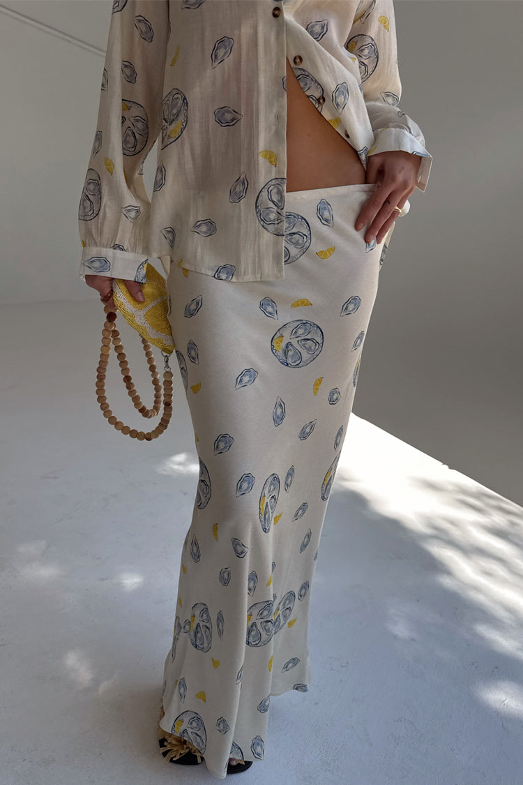 Oyster Print Cream Skirt with Elastic Waist | Dorris Silk Viscose