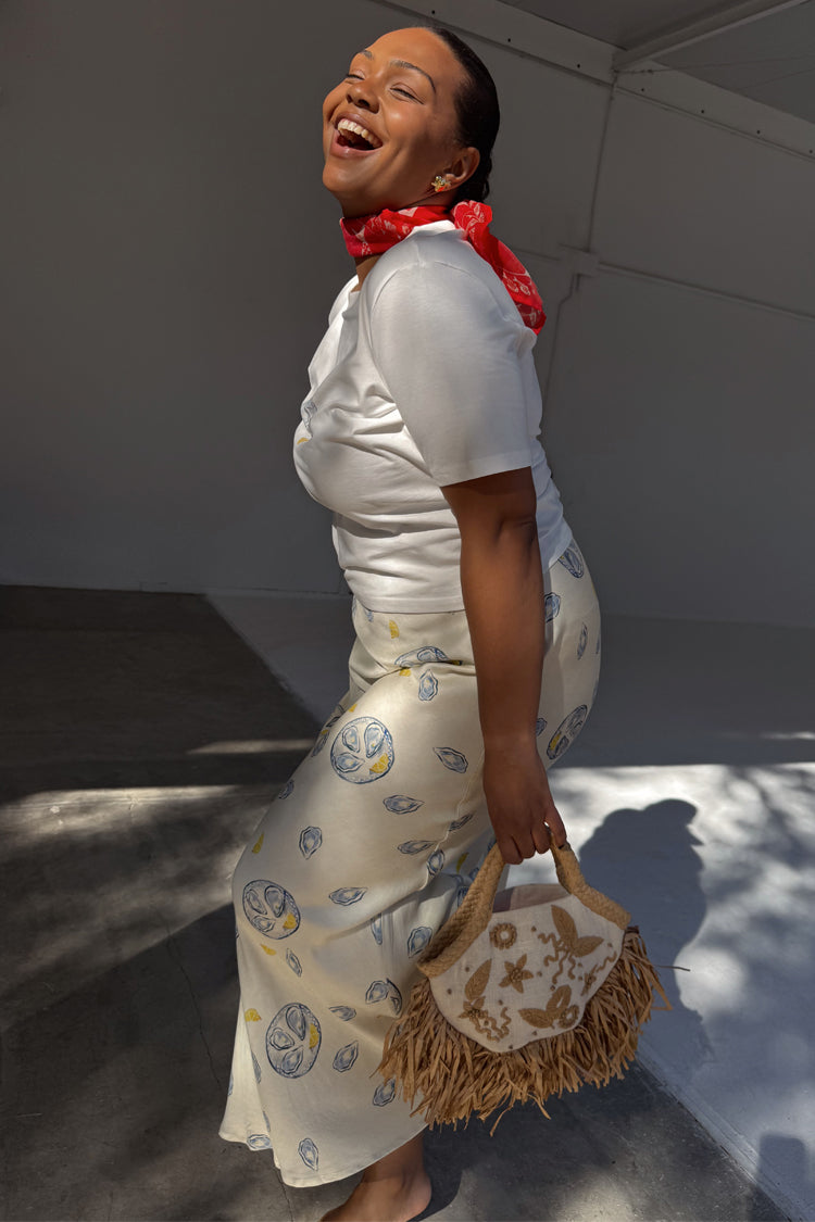 Oyster Print Cream Skirt with Elastic Waist | Dorris Silk Viscose