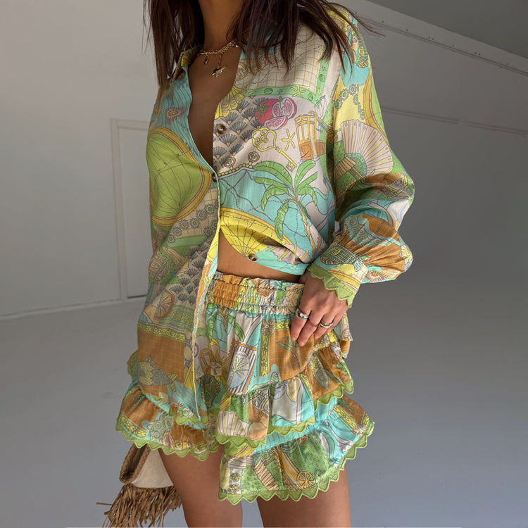 Isla Miley Shirt - Oversized Button-Up with Hand-Painted Print | Breastfeeding Friendly