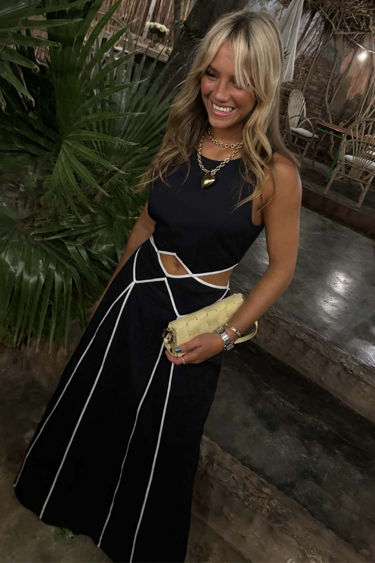 Black & Cream Cotton Dress with Waist Cutout Detail | Esme Dress