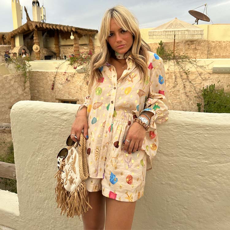 Cream Shell Print Shorts with Elastic Waistband | Elissa