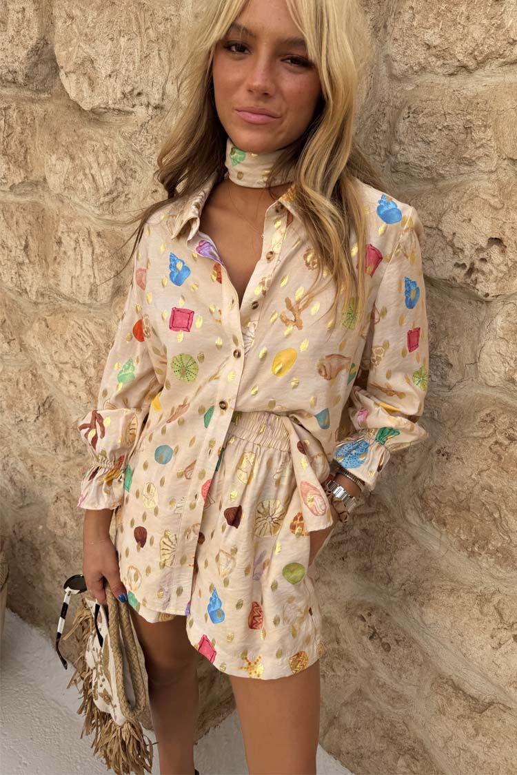Lightweight Cream Shell Print Shirt with Beaded Collar | Summer Vacation Style