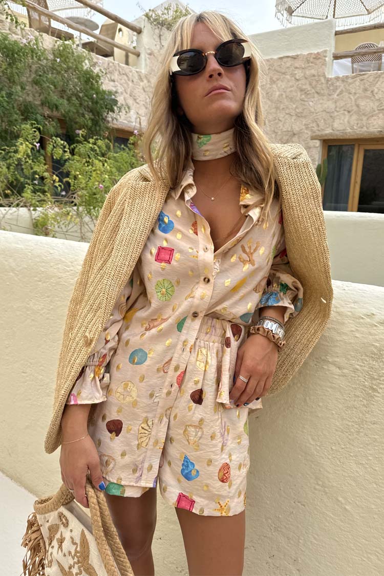 Lightweight Cream Shell Print Shirt with Beaded Collar | Summer Vacation Style