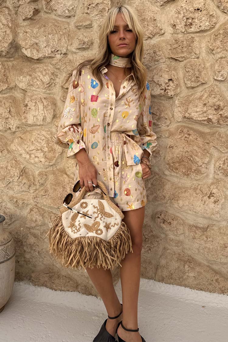 Lightweight Cream Shell Print Shirt with Beaded Collar | Summer Vacation Style