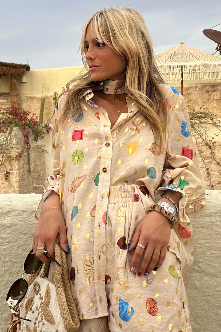 Lightweight Cream Shell Print Shirt with Beaded Collar | Summer Vacation Style