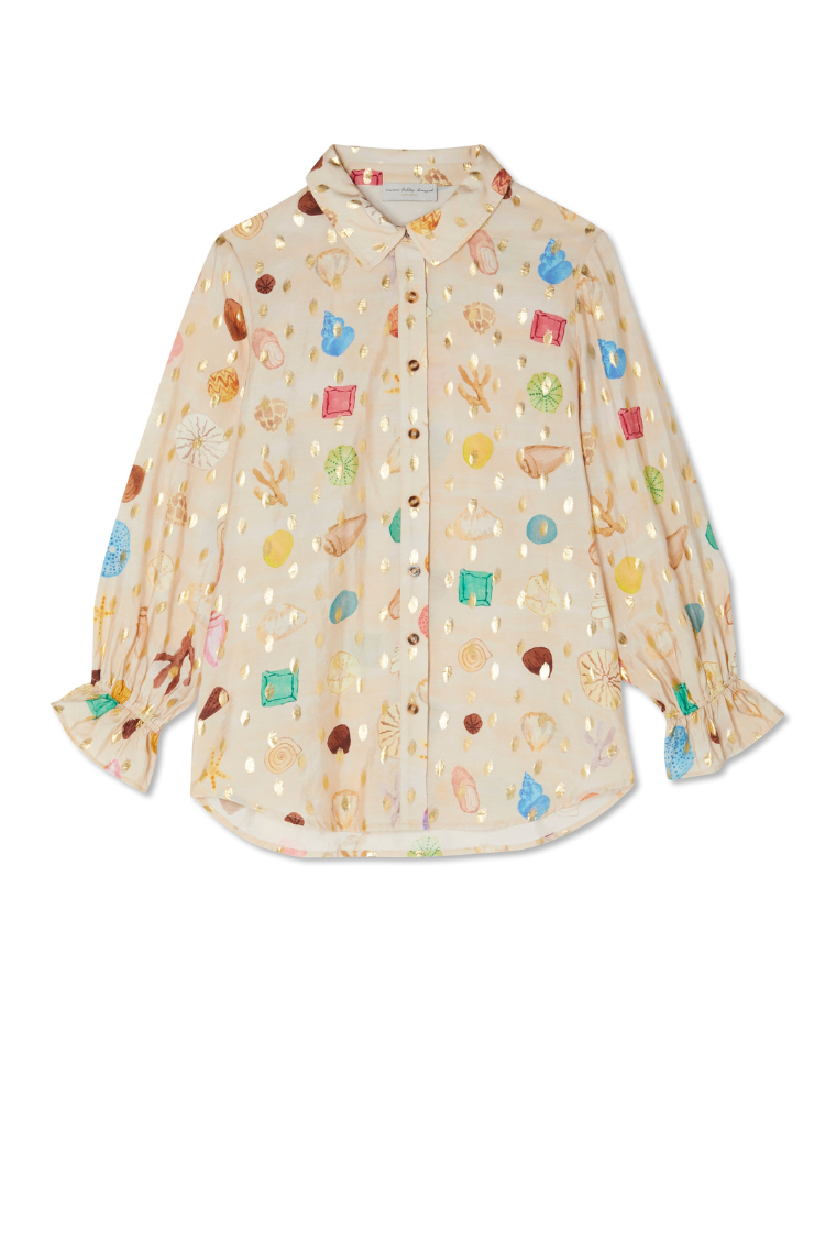 Lightweight Cream Shell Print Shirt with Beaded Collar | Summer Vacation Style