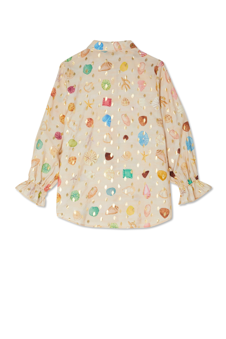 Lightweight Cream Shell Print Shirt with Beaded Collar | Summer Vacation Style