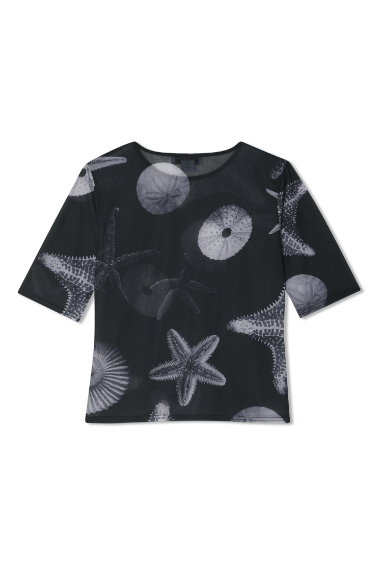 Black Mesh Seashell Print T-Shirt with Cami Slip | Caetana