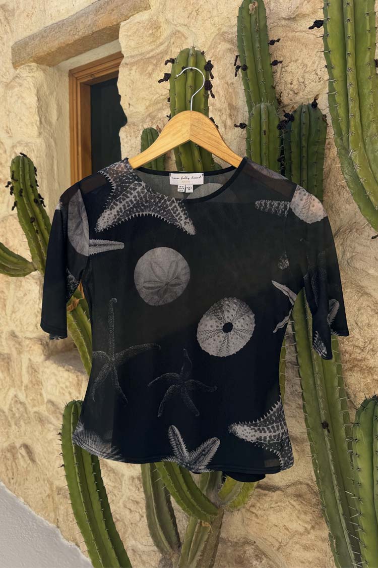 Black Mesh Seashell Print T-Shirt with Cami Slip | Caetana