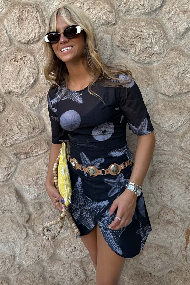 Black Mesh Seashell Print T-Shirt with Cami Slip | Caetana