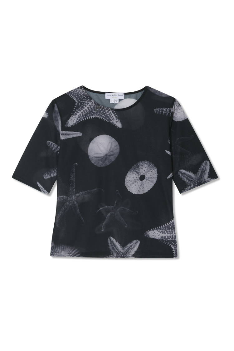 Black Mesh Seashell Print T-Shirt with Cami Slip | Caetana