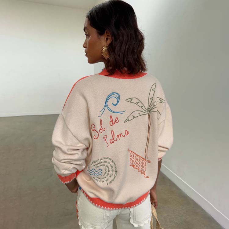 Color Block Knit Cardigan with Embroidered Motifs & Scallop Trim | Sol De Palma