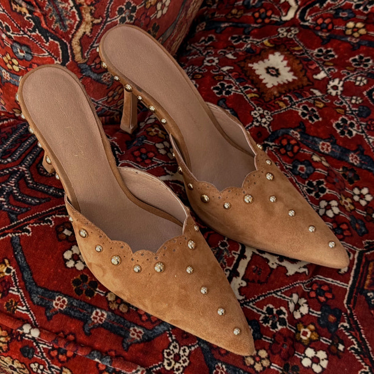 Tan Suede Scallop Mules with Gold Studs | NFD