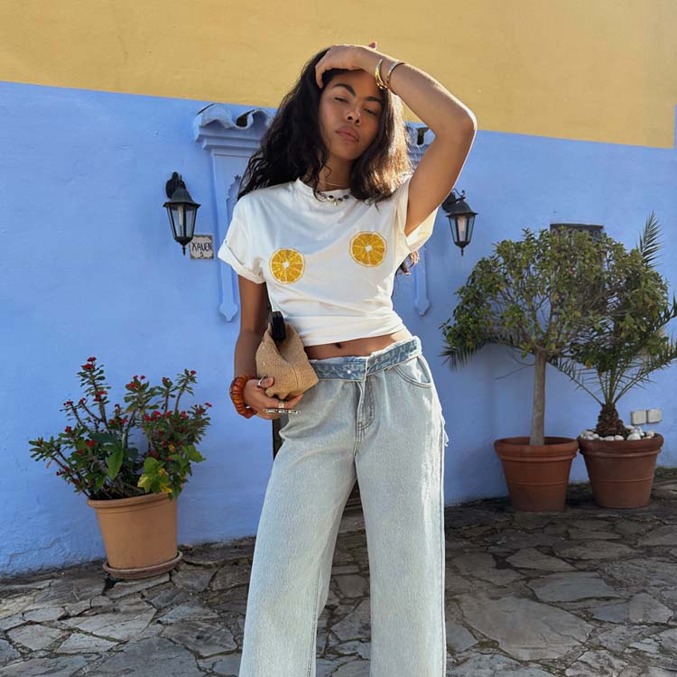 Orange Embroidered Beaded T-Shirt for Women | NFD